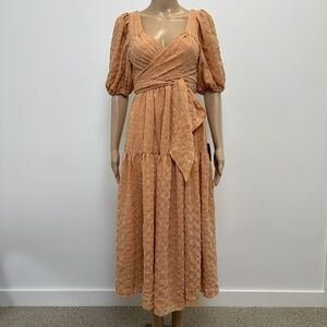 Hello Sweetheart Peach Puff Sleeve Tiered Midi Dress